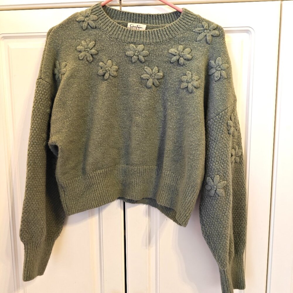 Jessica Simpson Light Green Crop Top Floral Sweater, Size Medium